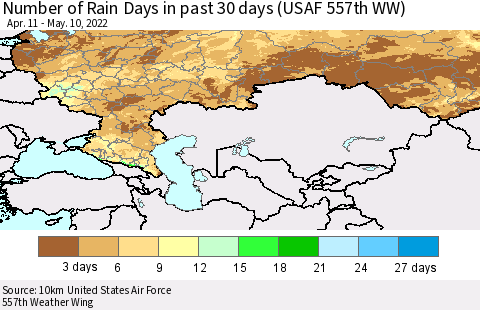 Russian Federation Number of Rain Days in past 30 days (USAF 557th WW) 05/10/2022 Thematic Map For 5/6/2022 - 5/10/2022