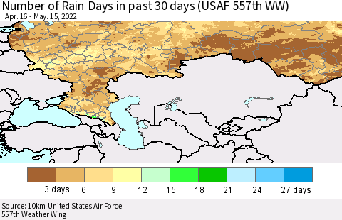 Russian Federation Number of Rain Days in past 30 days (USAF 557th WW) 05/15/2022 Thematic Map For 5/11/2022 - 5/15/2022