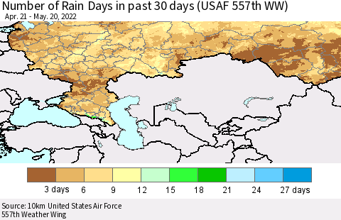 Russian Federation Number of Rain Days in past 30 days (USAF 557th WW) 05/20/2022 Thematic Map For 5/16/2022 - 5/20/2022