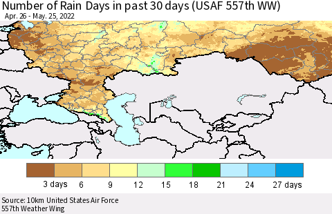 Russian Federation Number of Rain Days in past 30 days (USAF 557th WW) 05/25/2022 Thematic Map For 5/21/2022 - 5/25/2022