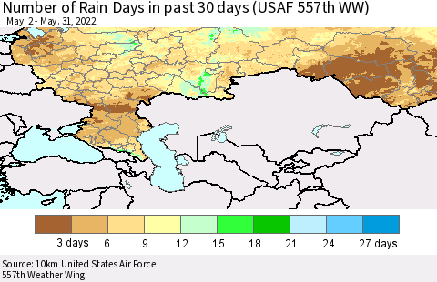 Russian Federation Number of Rain Days in past 30 days (USAF 557th WW) 05/31/2022 Thematic Map For 5/26/2022 - 5/31/2022