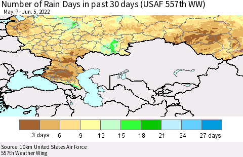 Russian Federation Number of Rain Days in past 30 days (USAF 557th WW) 06/05/2022 Thematic Map For 6/1/2022 - 6/5/2022