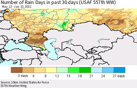 Russian Federation Number of Rain Days in past 30 days (USAF 557th WW) 06/10/2022 Thematic Map For 6/6/2022 - 6/10/2022