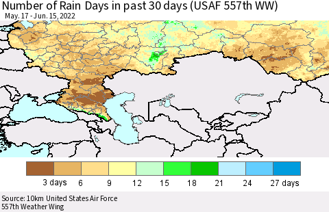 Russian Federation Number of Rain Days in past 30 days (USAF 557th WW) 06/15/2022 Thematic Map For 6/11/2022 - 6/15/2022