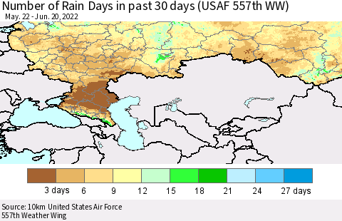 Russian Federation Number of Rain Days in past 30 days (USAF 557th WW) 06/20/2022 Thematic Map For 6/16/2022 - 6/20/2022