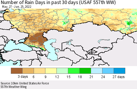 Russian Federation Number of Rain Days in past 30 days (USAF 557th WW) 06/25/2022 Thematic Map For 6/21/2022 - 6/25/2022