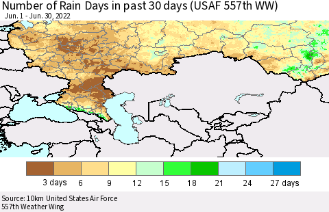 Russian Federation Number of Rain Days in past 30 days (USAF 557th WW) 06/30/2022 Thematic Map For 6/26/2022 - 6/30/2022