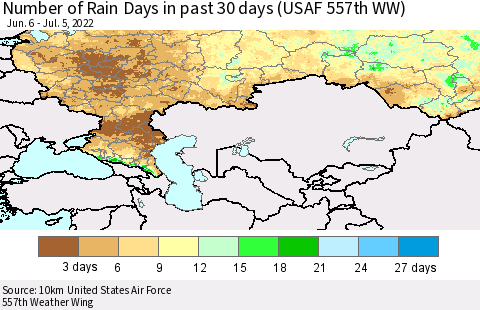 Russian Federation Number of Rain Days in past 30 days (USAF 557th WW) 07/05/2022 Thematic Map For 7/1/2022 - 7/5/2022