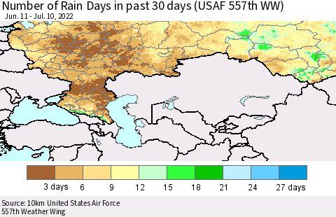 Russian Federation Number of Rain Days in past 30 days (USAF 557th WW) 07/10/2022 Thematic Map For 7/6/2022 - 7/10/2022