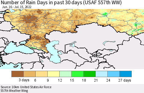Russian Federation Number of Rain Days in past 30 days (USAF 557th WW) 07/15/2022 Thematic Map For 7/11/2022 - 7/15/2022