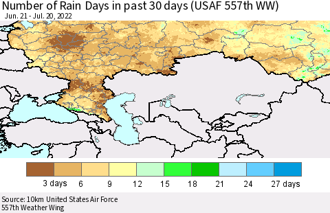Russian Federation Number of Rain Days in past 30 days (USAF 557th WW) 07/20/2022 Thematic Map For 7/16/2022 - 7/20/2022