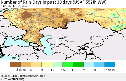 Russian Federation Number of Rain Days in past 30 days (USAF 557th WW) 07/25/2022 Thematic Map For 7/21/2022 - 7/25/2022