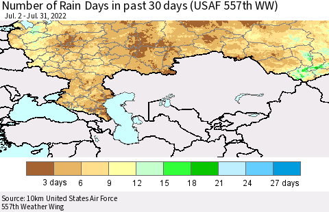 Russian Federation Number of Rain Days in past 30 days (USAF 557th WW) 07/31/2022 Thematic Map For 7/26/2022 - 7/31/2022