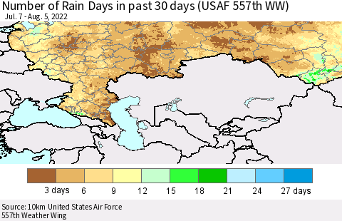 Russian Federation Number of Rain Days in past 30 days (USAF 557th WW) 08/05/2022 Thematic Map For 8/1/2022 - 8/5/2022
