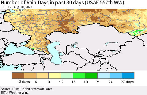 Russian Federation Number of Rain Days in past 30 days (USAF 557th WW) 08/10/2022 Thematic Map For 8/6/2022 - 8/10/2022