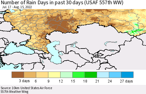 Russian Federation Number of Rain Days in past 30 days (USAF 557th WW) 08/15/2022 Thematic Map For 8/11/2022 - 8/15/2022