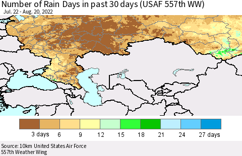 Russian Federation Number of Rain Days in past 30 days (USAF 557th WW) 08/20/2022 Thematic Map For 8/16/2022 - 8/20/2022
