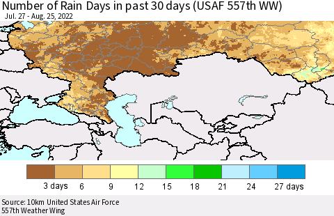 Russian Federation Number of Rain Days in past 30 days (USAF 557th WW) 08/25/2022 Thematic Map For 8/21/2022 - 8/25/2022