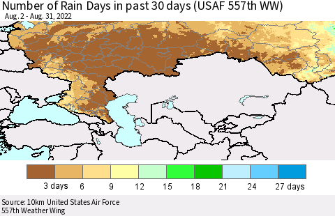 Russian Federation Number of Rain Days in past 30 days (USAF 557th WW) 08/31/2022 Thematic Map For 8/26/2022 - 8/31/2022