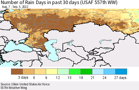 Russian Federation Number of Rain Days in past 30 days (USAF 557th WW) 09/05/2022 Thematic Map For 9/1/2022 - 9/5/2022