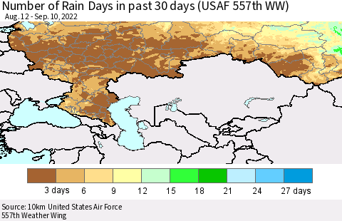 Russian Federation Number of Rain Days in past 30 days (USAF 557th WW) 09/10/2022 Thematic Map For 9/6/2022 - 9/10/2022