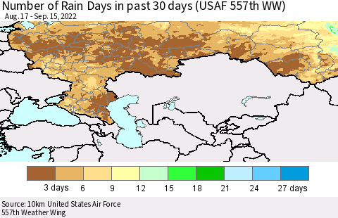 Russian Federation Number of Rain Days in past 30 days (USAF 557th WW) 09/15/2022 Thematic Map For 9/11/2022 - 9/15/2022