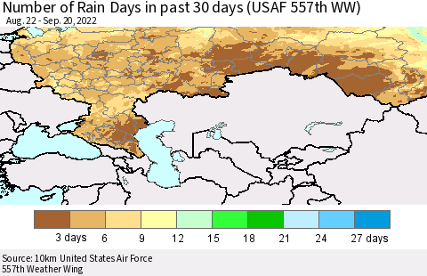 Russian Federation Number of Rain Days in past 30 days (USAF 557th WW) 09/20/2022 Thematic Map For 9/16/2022 - 9/20/2022