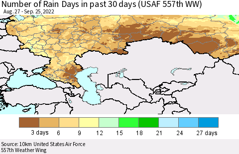 Russian Federation Number of Rain Days in past 30 days (USAF 557th WW) 09/25/2022 Thematic Map For 9/21/2022 - 9/25/2022