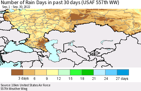 Russian Federation Number of Rain Days in past 30 days (USAF 557th WW) 09/30/2022 Thematic Map For 9/26/2022 - 9/30/2022