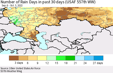Russian Federation Number of Rain Days in past 30 days (USAF 557th WW) 10/05/2022 Thematic Map For 10/1/2022 - 10/5/2022