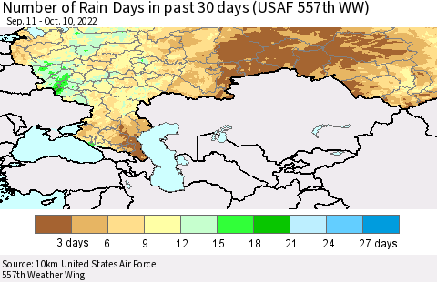 Russian Federation Number of Rain Days in past 30 days (USAF 557th WW) 10/10/2022 Thematic Map For 10/6/2022 - 10/10/2022