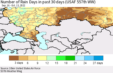 Russian Federation Number of Rain Days in past 30 days (USAF 557th WW) 10/15/2022 Thematic Map For 10/11/2022 - 10/15/2022