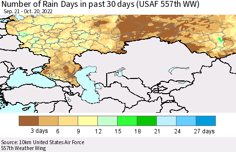 Russian Federation Number of Rain Days in past 30 days (USAF 557th WW) 10/20/2022 Thematic Map For 10/16/2022 - 10/20/2022