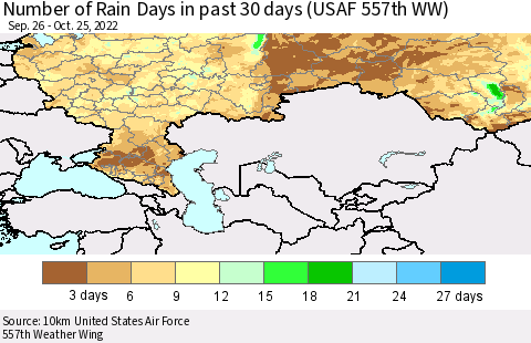 Russian Federation Number of Rain Days in past 30 days (USAF 557th WW) 10/25/2022 Thematic Map For 10/21/2022 - 10/25/2022