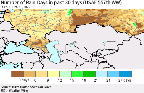 Russian Federation Number of Rain Days in past 30 days (USAF 557th WW) 10/31/2022 Thematic Map For 10/26/2022 - 10/31/2022
