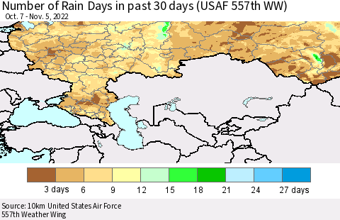 Russian Federation Number of Rain Days in past 30 days (USAF 557th WW) 11/05/2022 Thematic Map For 11/1/2022 - 11/5/2022