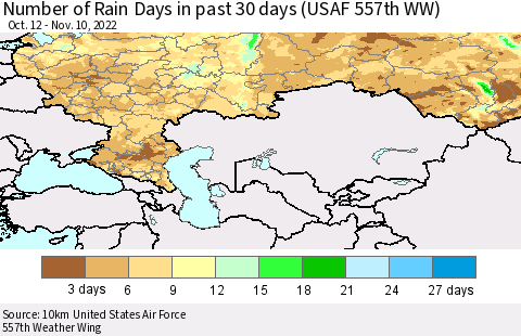 Russian Federation Number of Rain Days in past 30 days (USAF 557th WW) 11/10/2022 Thematic Map For 11/6/2022 - 11/10/2022