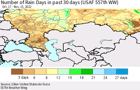 Russian Federation Number of Rain Days in past 30 days (USAF 557th WW) 11/15/2022 Thematic Map For 11/11/2022 - 11/15/2022