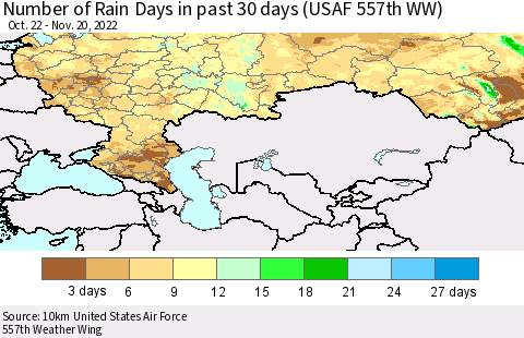 Russian Federation Number of Rain Days in past 30 days (USAF 557th WW) 11/20/2022 Thematic Map For 11/16/2022 - 11/20/2022