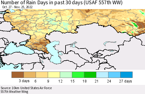 Russian Federation Number of Rain Days in past 30 days (USAF 557th WW) 11/25/2022 Thematic Map For 11/21/2022 - 11/25/2022