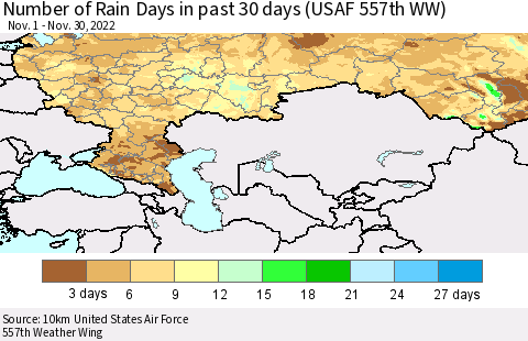 Russian Federation Number of Rain Days in past 30 days (USAF 557th WW) 11/30/2022 Thematic Map For 11/26/2022 - 11/30/2022