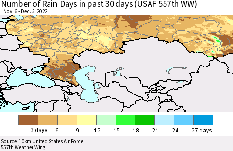 Russian Federation Number of Rain Days in past 30 days (USAF 557th WW) 12/05/2022 Thematic Map For 12/1/2022 - 12/5/2022