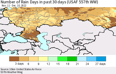Russian Federation Number of Rain Days in past 30 days (USAF 557th WW) 12/10/2022 Thematic Map For 12/6/2022 - 12/10/2022