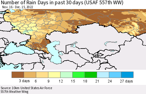 Russian Federation Number of Rain Days in past 30 days (USAF 557th WW) 12/15/2022 Thematic Map For 12/11/2022 - 12/15/2022