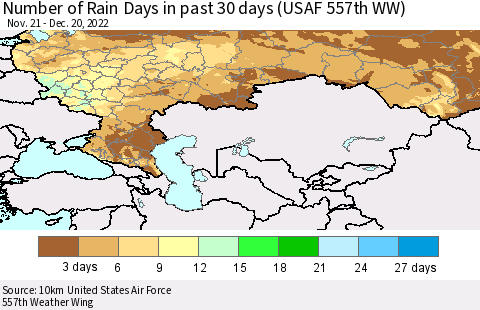 Russian Federation Number of Rain Days in past 30 days (USAF 557th WW) 12/20/2022 Thematic Map For 12/16/2022 - 12/20/2022