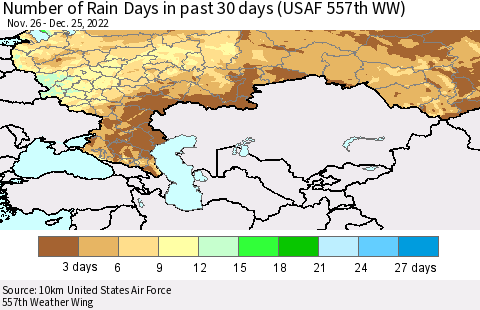 Russian Federation Number of Rain Days in past 30 days (USAF 557th WW) 12/25/2022 Thematic Map For 12/21/2022 - 12/25/2022