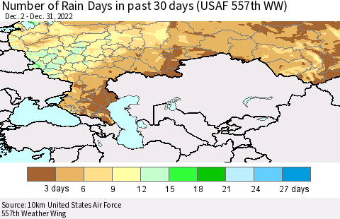 Russian Federation Number of Rain Days in past 30 days (USAF 557th WW) 12/31/2022 Thematic Map For 12/26/2022 - 12/31/2022