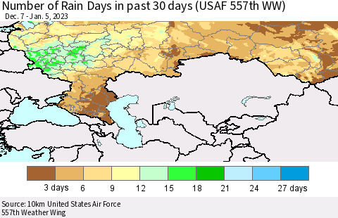 Russian Federation Number of Rain Days in past 30 days (USAF 557th WW) 01/05/2023 Thematic Map For 1/1/2023 - 1/5/2023