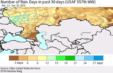 Russian Federation Number of Rain Days in past 30 days (USAF 557th WW) 01/10/2023 Thematic Map For 1/6/2023 - 1/10/2023