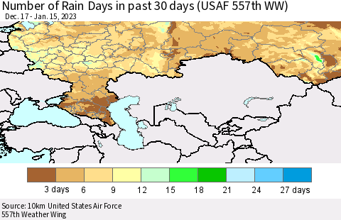 Russian Federation Number of Rain Days in past 30 days (USAF 557th WW) 01/15/2023 Thematic Map For 1/11/2023 - 1/15/2023